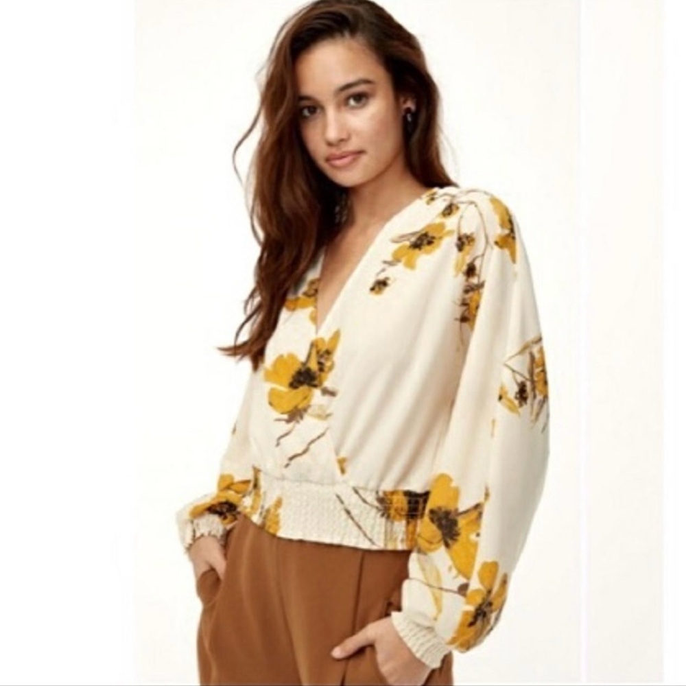 Aritzia Wilfred Genoa Floral V-Neck Sheer Long Sleeve Wrap Blouse Top Small